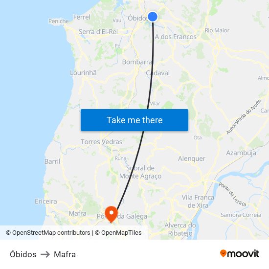 Óbidos to Mafra map