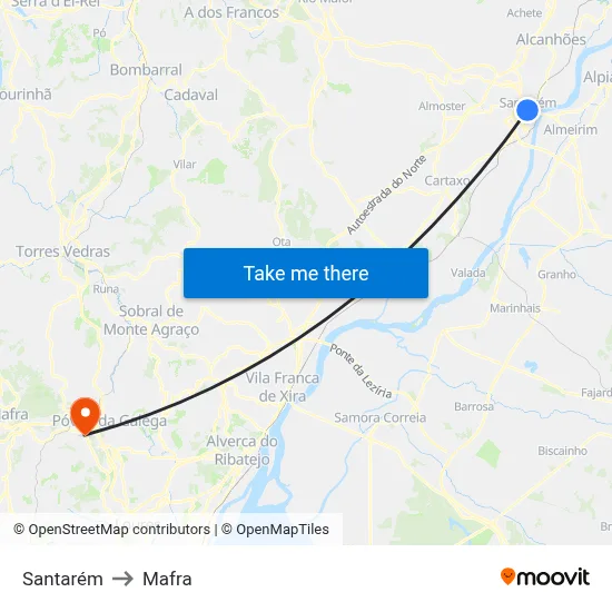 Santarém to Mafra map