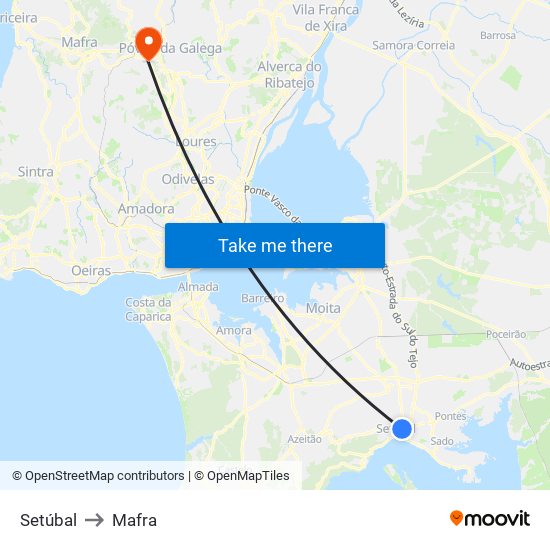 Setúbal to Mafra map