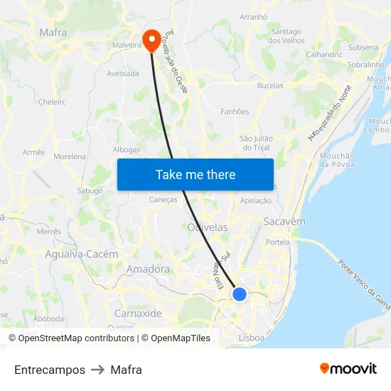 Entrecampos to Mafra map