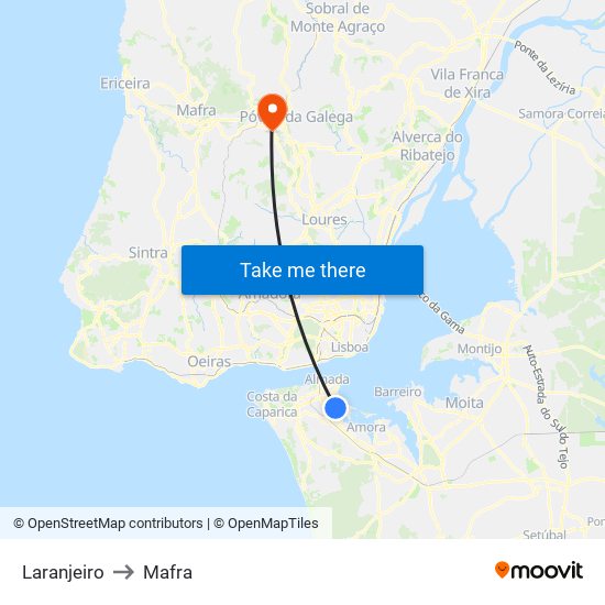 Laranjeiro to Mafra map