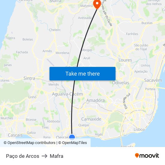 Paço de Arcos to Mafra map