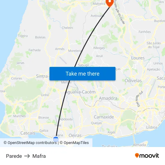 Parede to Mafra map
