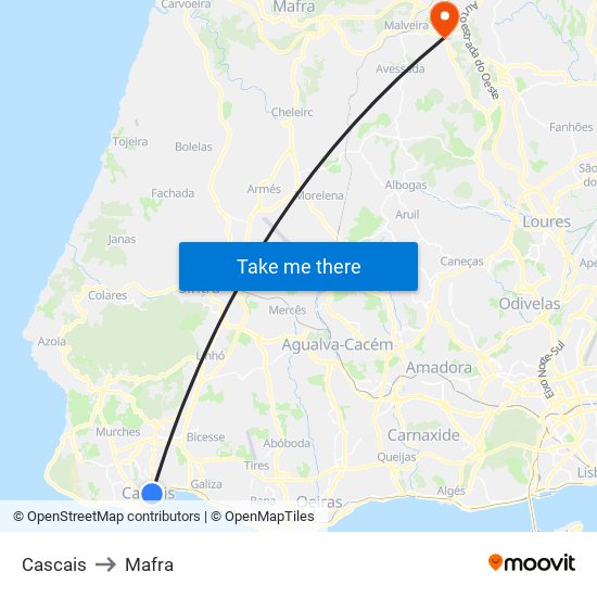 Cascais to Mafra map