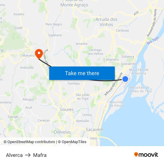 Alverca to Mafra map