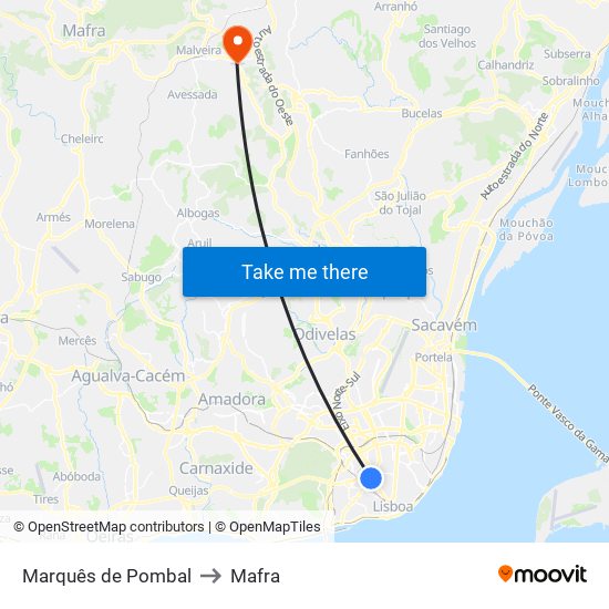 Marquês de Pombal to Mafra map