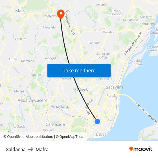 Saldanha to Mafra map
