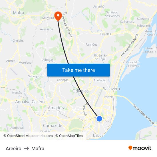 Areeiro to Mafra map
