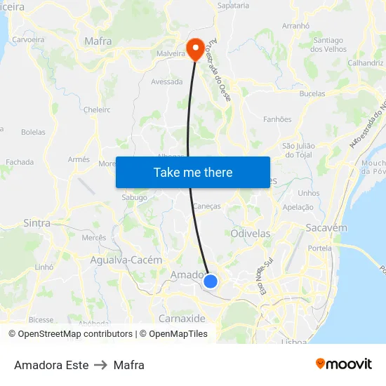 Amadora Este to Mafra map
