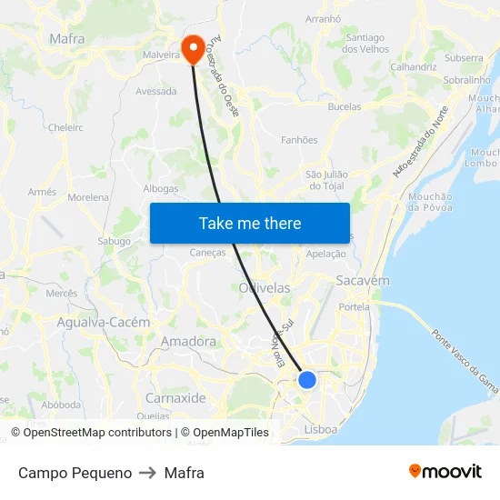 Campo Pequeno to Mafra map