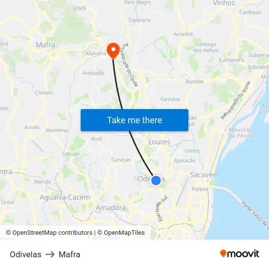 Odivelas to Mafra map