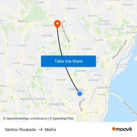 Senhor Roubado to Mafra map