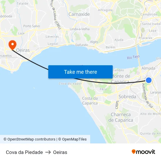 Cova da Piedade to Oeiras map
