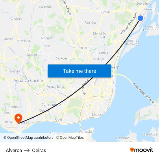 Alverca to Oeiras map