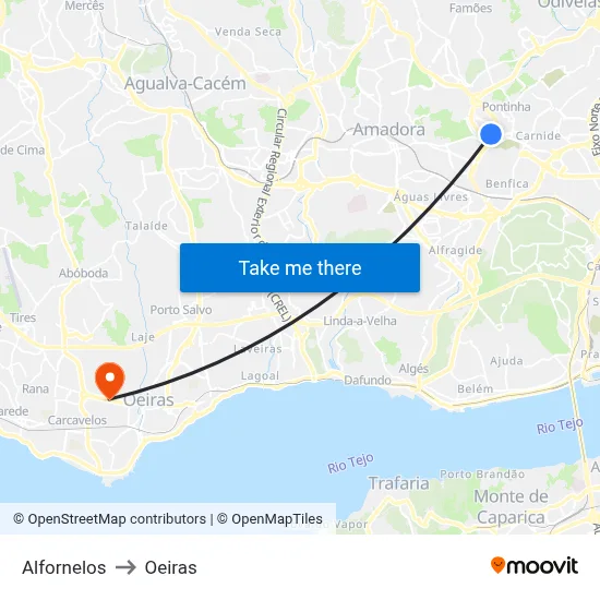 Alfornelos to Oeiras map