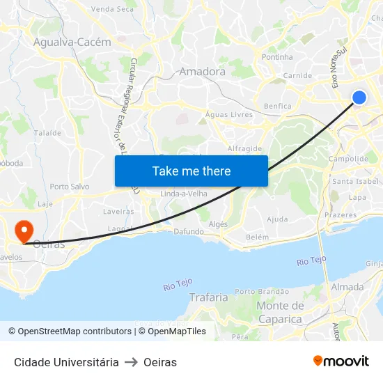 Cidade Universitária to Oeiras map