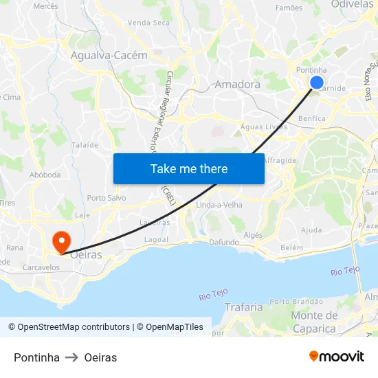 Pontinha to Oeiras map