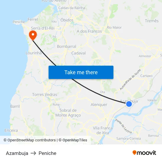 Azambuja to Peniche map