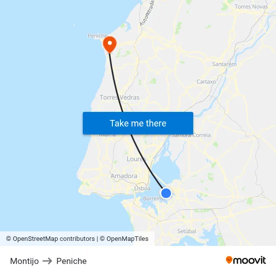Montijo to Peniche map