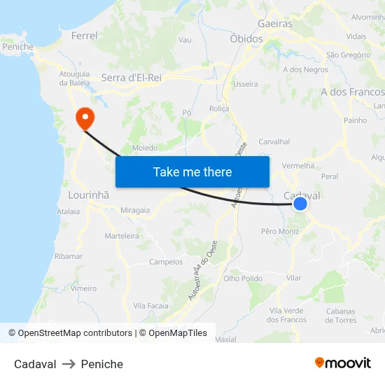 Cadaval to Peniche map