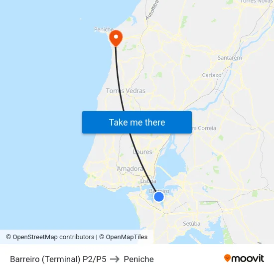 Barreiro (Terminal) P2/P5 to Peniche map