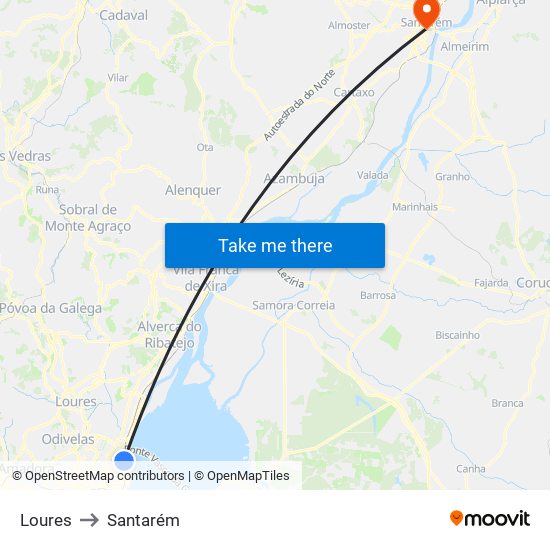 Loures to Santarém map