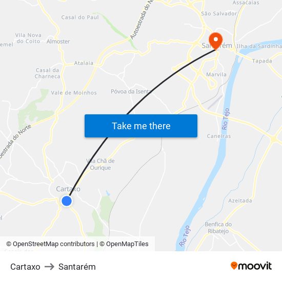 Cartaxo to Santarém map