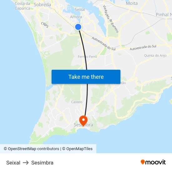 Seixal to Sesimbra map