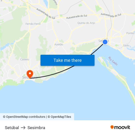 Setúbal to Sesimbra map