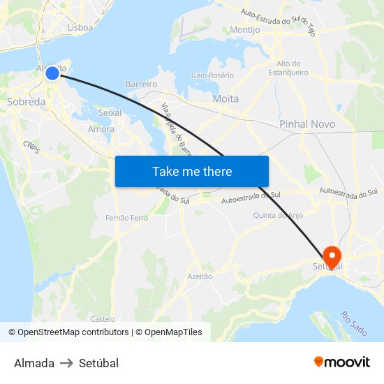 Almada to Setúbal map
