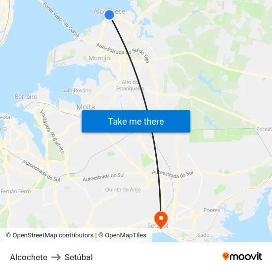 Alcochete to Setúbal map