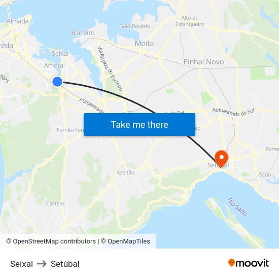 Seixal to Setúbal map