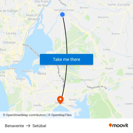 Benavente to Setúbal map