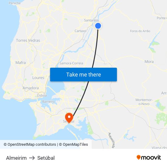 Almeirim to Setúbal map