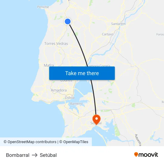 Bombarral to Setúbal map