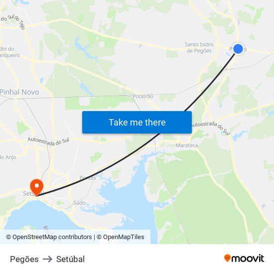 Pegões to Setúbal map
