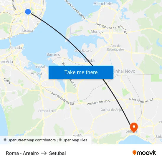 Roma - Areeiro to Setúbal map