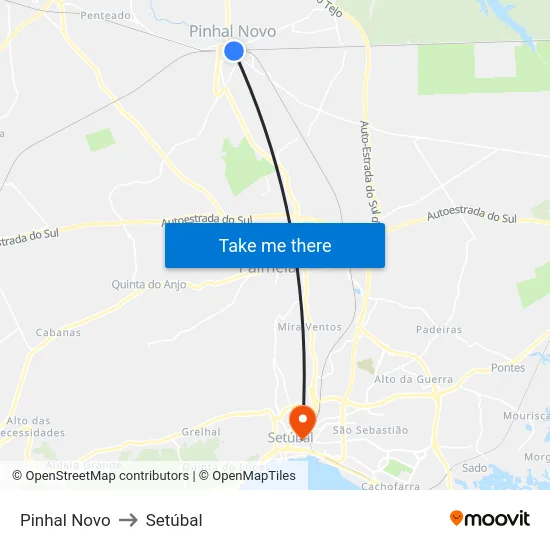 Pinhal Novo to Setúbal map