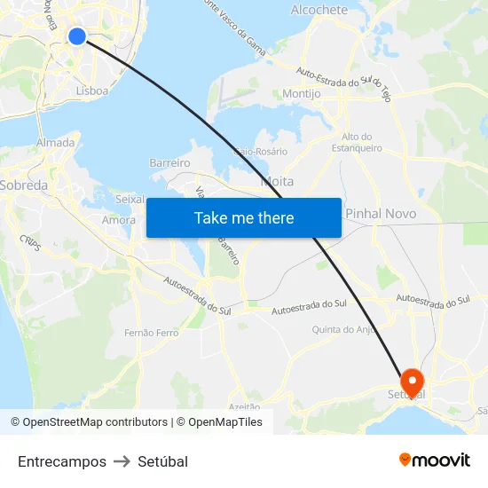 Entrecampos to Setúbal map