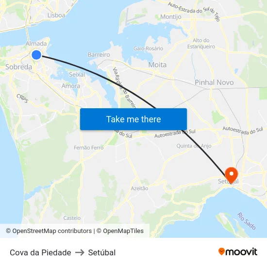 Cova da Piedade to Setúbal map