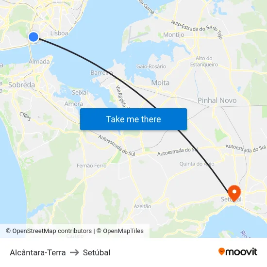 Alcântara-Terra to Setúbal map