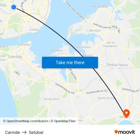 Carnide to Setúbal map