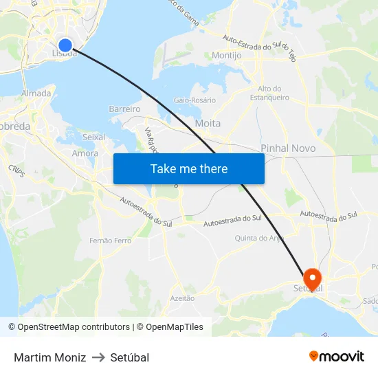 Martim Moniz to Setúbal map