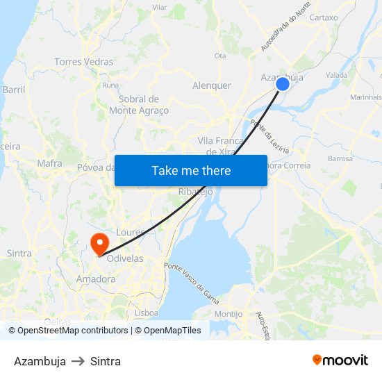 Azambuja to Sintra map