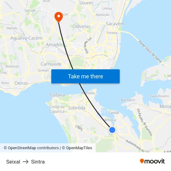 Seixal to Sintra map