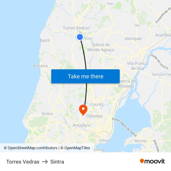 Torres Vedras to Sintra map