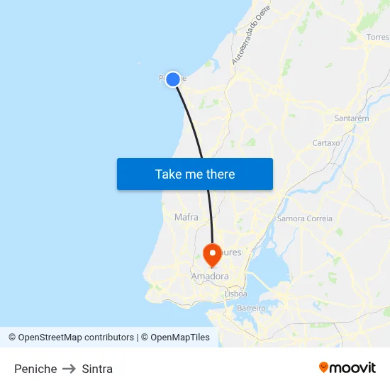 Peniche to Sintra map