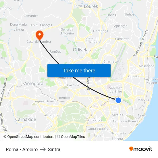 Roma - Areeiro to Sintra map
