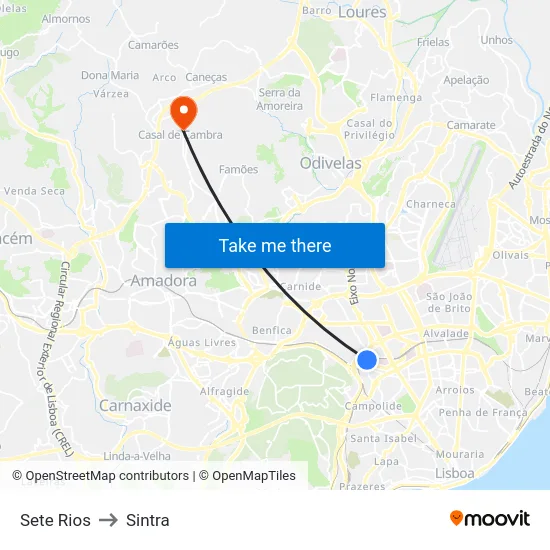 Sete Rios to Sintra map