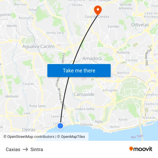 Caxias to Sintra map